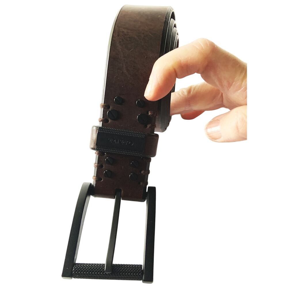Calvin Klein Brown Leather Belt Black Square Buckle Size 32 Z22